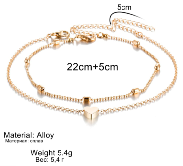 2 sets of gold-colored anklets with hearts and beads